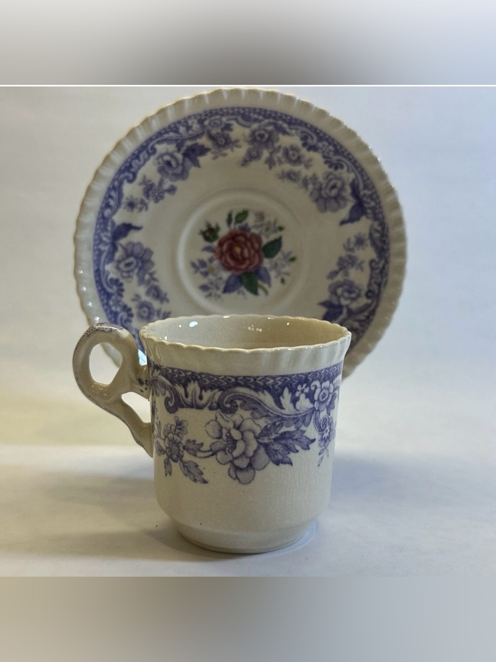 Spode Mayflower Demitasse Cup and Saucer Set Lavender Floral England Vtg 1943